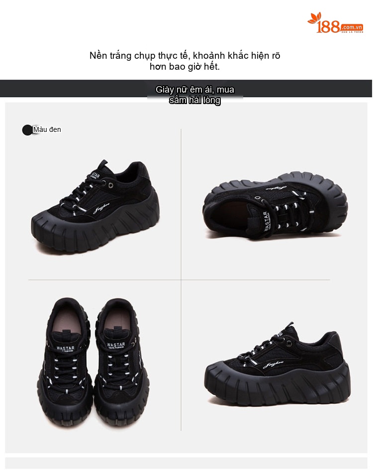 Giày Sneaker Nữ Lưới Thoáng Khí Đế Bánh Mì Chiều Cao Đế Khoảng 5cm Màu Đen, Đỏ, Xám chi tiết 17