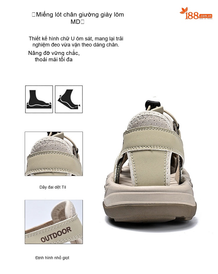 Sandal Nam Bít Mũi Dây Rút Thể Thao Leo Núi Chống Trượt Thoáng Khí Đế Cao 3cm chi tiết 16