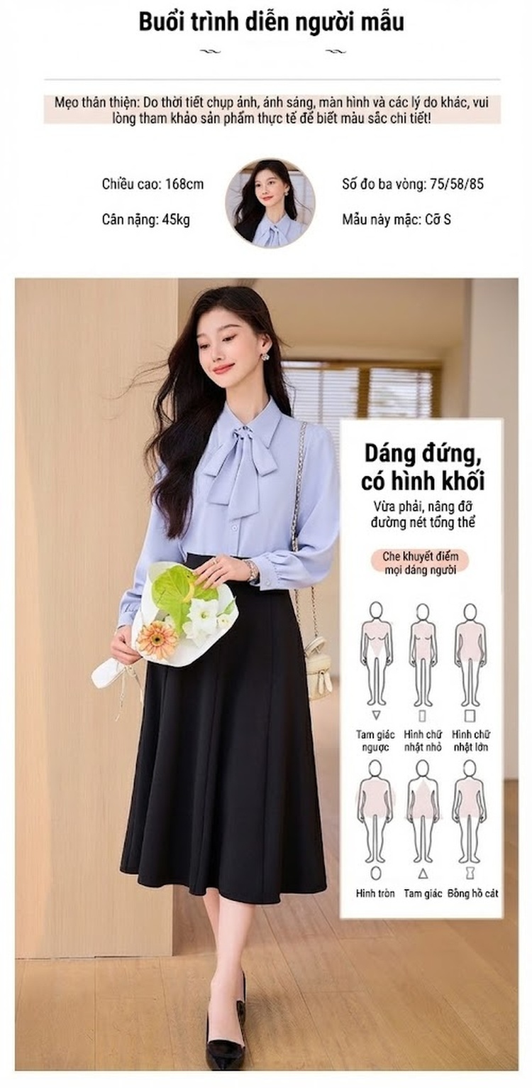 Áo Sơ Mi Nữ Tay Dài Cổ Nơ Voan Phong Cách Công Sở Màu Trắng, Xanh chi tiết 10