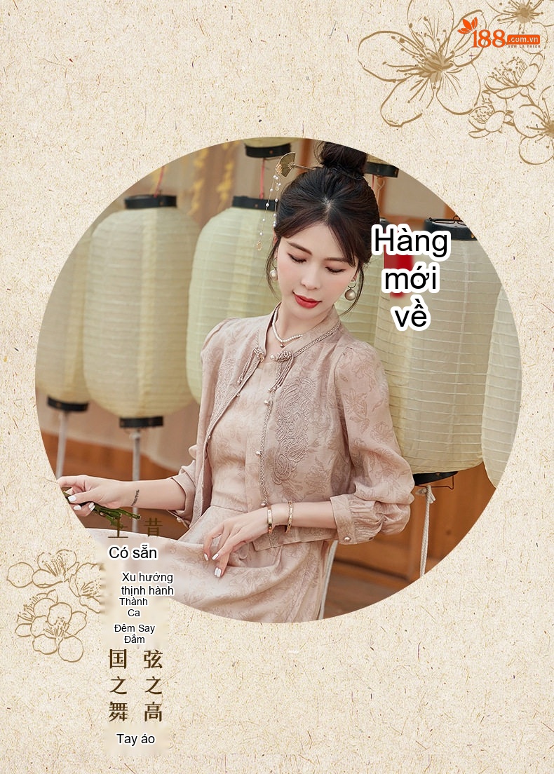 Váy Liền Thân Nữ Phong Cách Trung Hoa Cổ Điển Thiết Kế Tiểu Thư Tay Dài Màu Be chi tiết 16