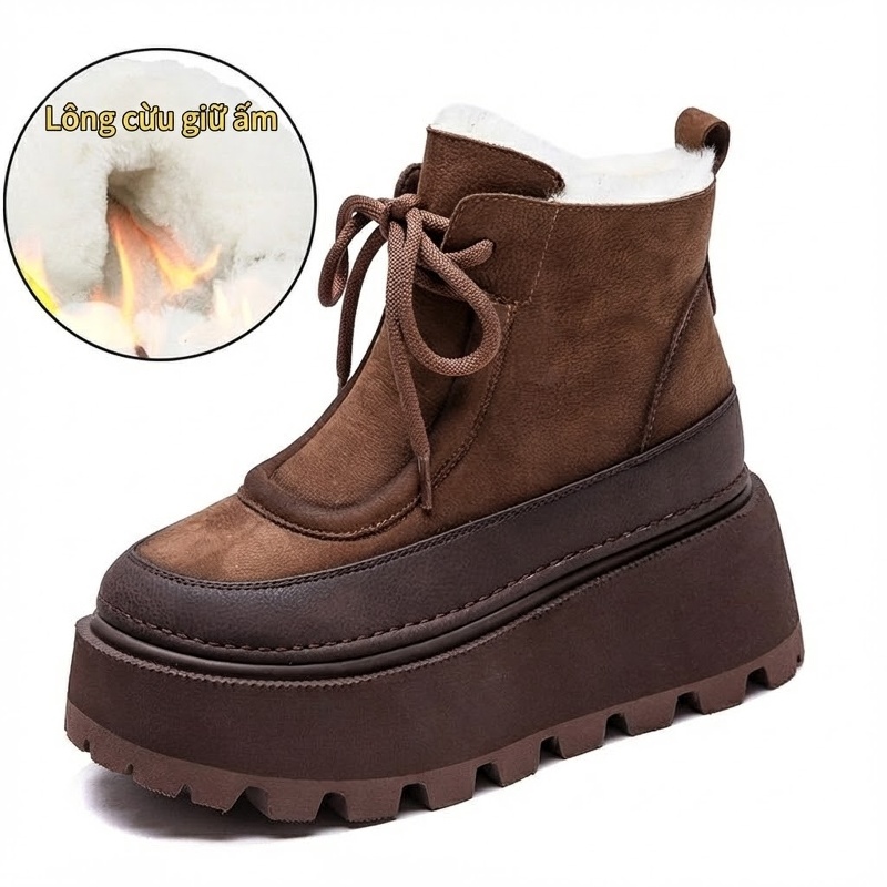 Boot Nữ Da Mờ Lông Cừu Non Mùa Đông Ấm Áp Chiều Cao Đế Khoảng 6cm Màu Nâu