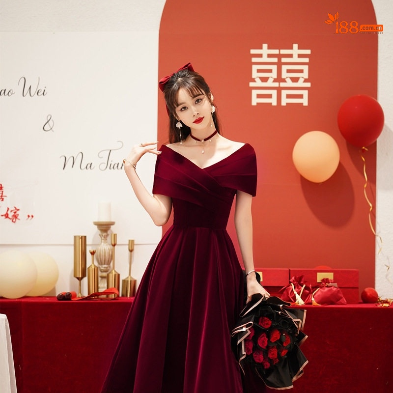 Váy Dự Tiệc Cưới Hở Vai dáng chữ A Che Bụng Cho Bà Bầu Màu Đỏ Rượu Vang, Đen