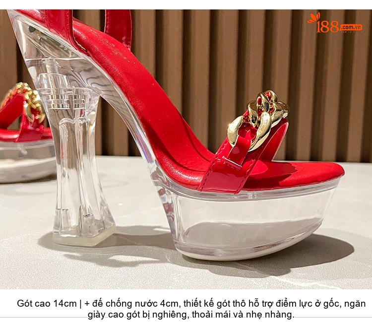 Giày Sandal Cao Gót Nữ Quai Ngang Da Bóng Gót Cao 10cm - 12cm Màu Đen, Đỏ, Trắng chi tiết 3