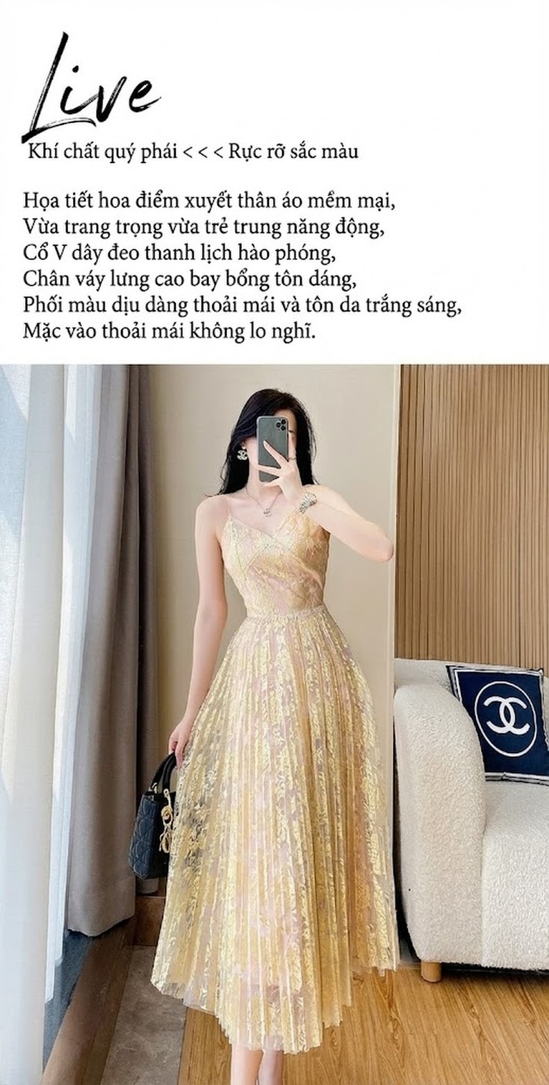 Váy Hai Dây Nữ Cổ chữ V Sọc Dún Bèo Phong Cách Gợi Cảm Màu Vàng chi tiết 4