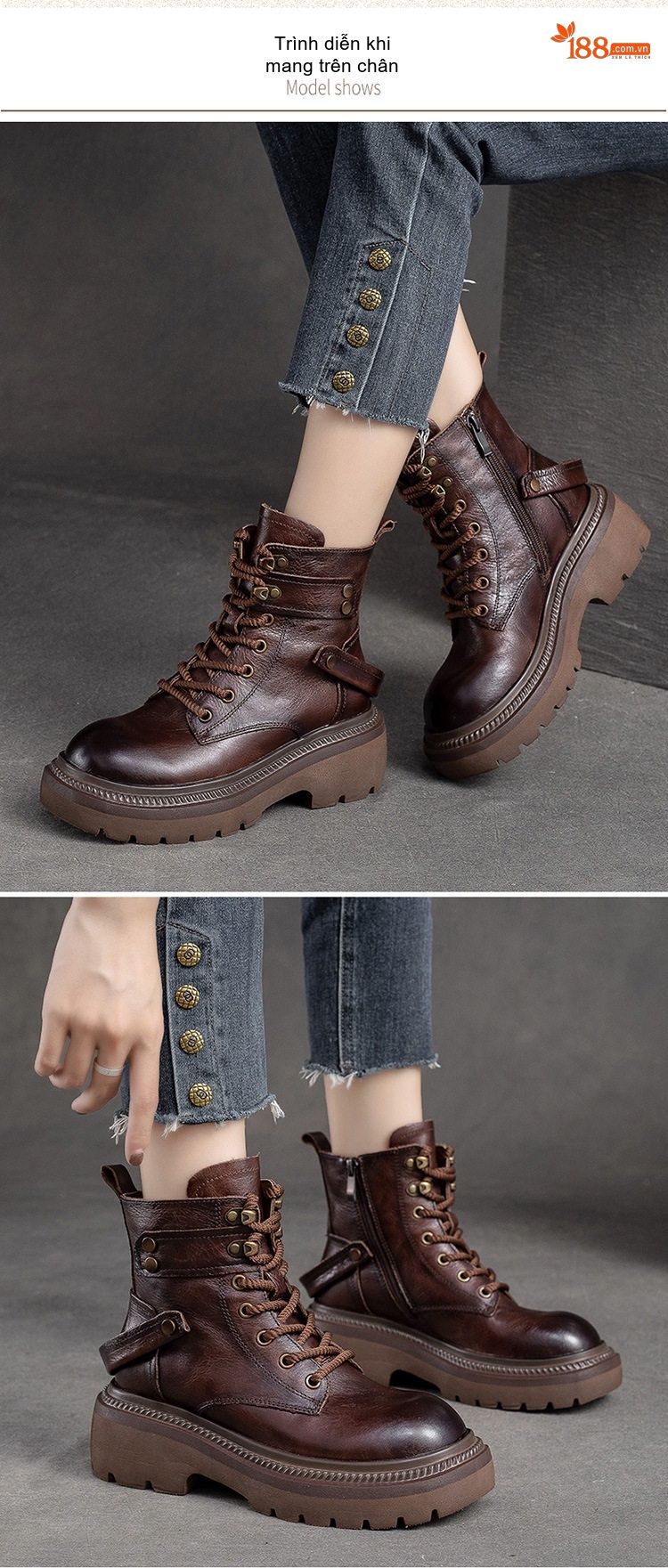Boot Nữ Cổ Ngắn Da Bò Phong Cách Anh Quốc Chiều Cao Đế Khoảng 5cm Màu Đen, Nâu chi tiết 6