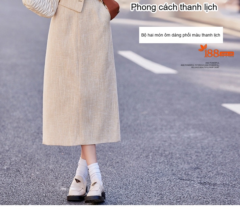 Set Áo Khoác Lửng Tay Dài Chân Váy Dài Dáng Ôm Thời Trang Hàn Quốc Màu Be chi tiết 2