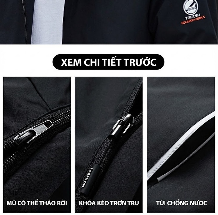 Áo Khoác Gió Nam Có Mũ Trùm Đầu Chống Nước Phong Cách Thể Thao Màu Đen, Xám, Xanh Navy chi tiết 7