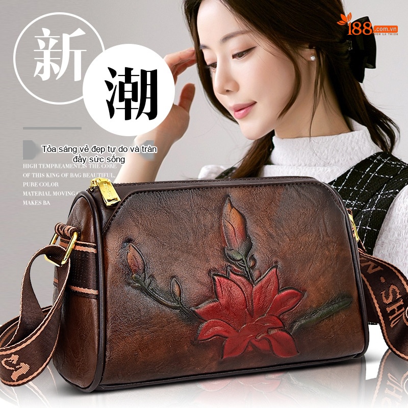Túi Xách Nữ Da Bò Dáng Tròn Vintage Đeo Vai, Xách Tay Màu Nâu Đỏ, Đen chi tiết 8