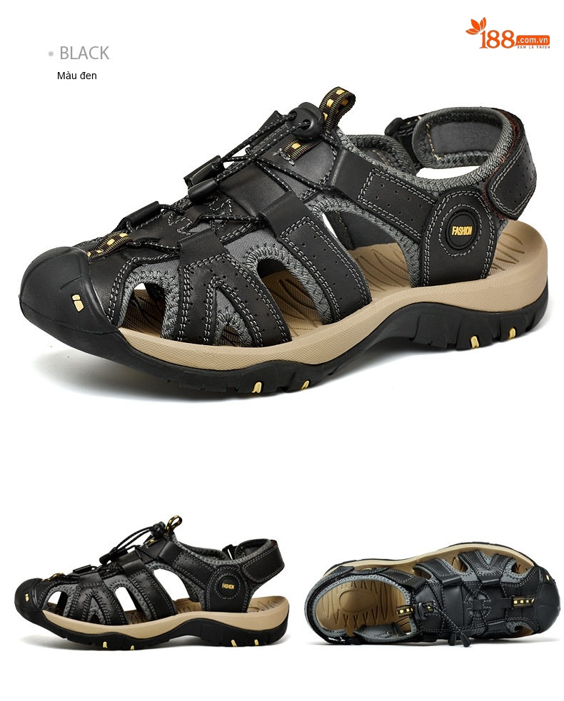 Dép Sandal Nam Bít Mũi Thoáng Khí Chống Trượt Đi Bộ Đường Dài Thủ Công Chiều Cao Đế Khoảng 3cm Màu Đen, Nâu, Xám chi tiết 34