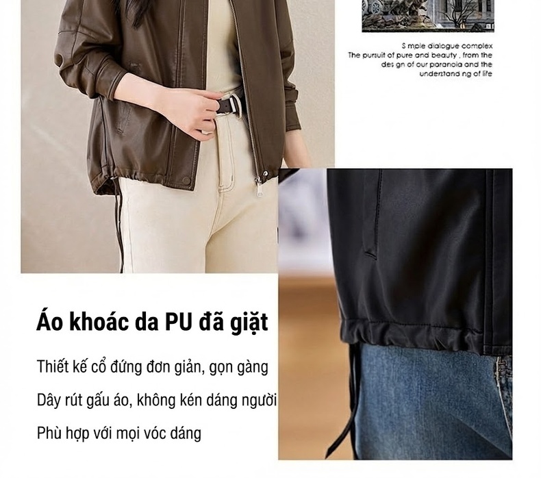 Áo Khoác Da Nữ Cổ Trụ Kiểu Mỹ Retro Dáng Ngắn Rộng Màu Đen, Nâu chi tiết 10