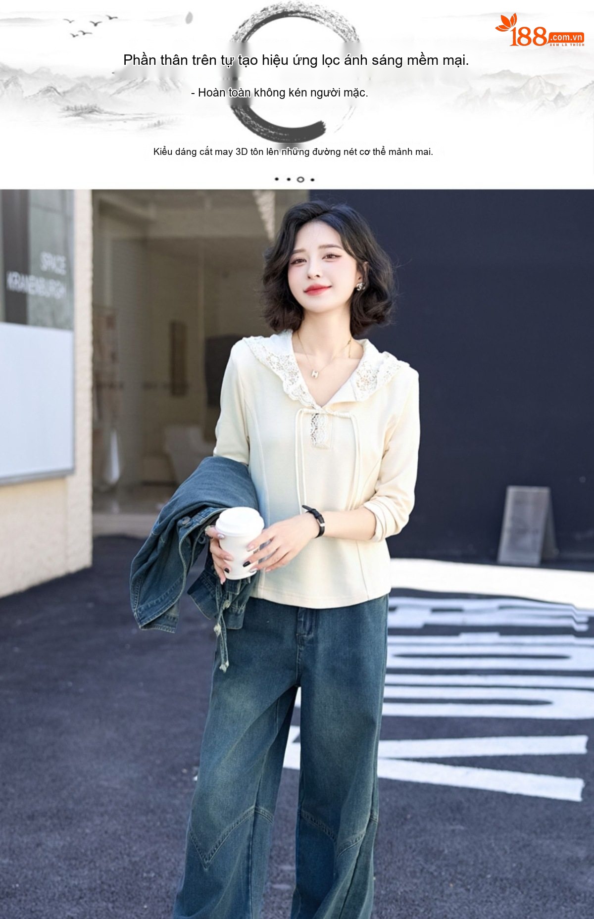 Set Bộ Quần Áo Nữ Phong Cách Trung Hoa Áo Khoác Lửng Quần Ống Rộng Jeans Xanh chi tiết 4