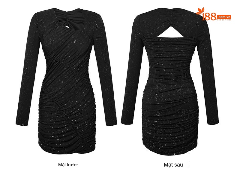 Váy Ôm Body Nữ Dáng Ngắn Tay Dài Cổ Lệch Nhún Bèo Màu Xanh Lá, Đen chi tiết 7