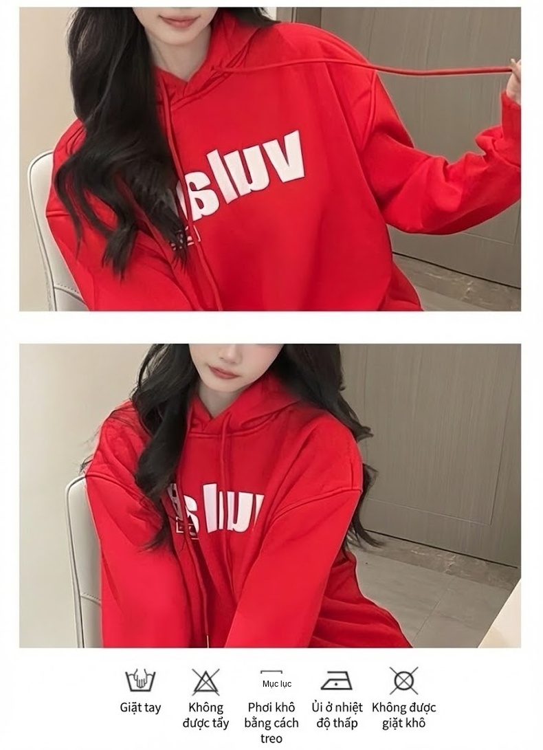 Bộ Đồ Nỉ Hoodie Nữ Phong Cách Tiểu Thư Thời Trang Trẻ Trung Lót Lông Màu Đỏ chi tiết 4