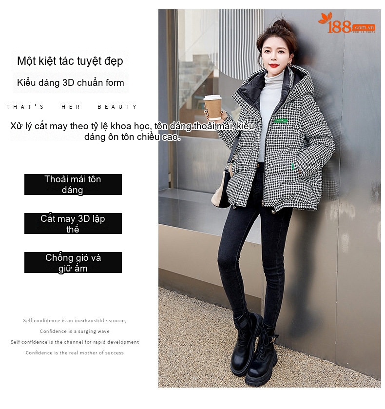 Áo Khoác Phao Nữ Cotton Kiểu Ngắn Thời Trang Màu Trắng Kem, Đen chi tiết 8