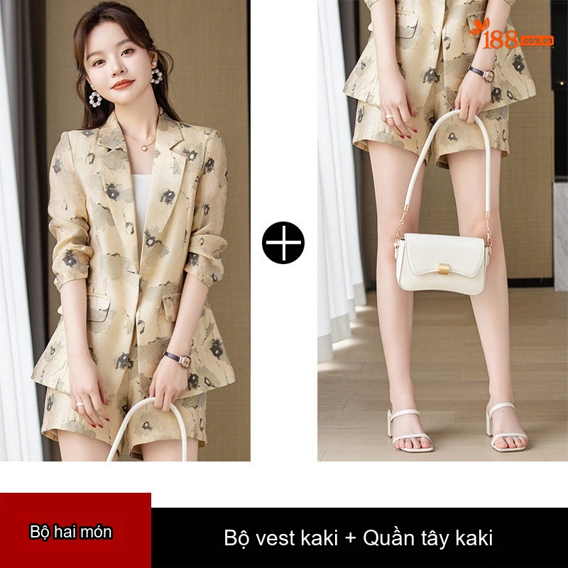 Bộ Vest Blazer Nữ Tay Lỡ In Họa Tiết Thiết Kế Kèm Quần Short Màu Be, Xanh
