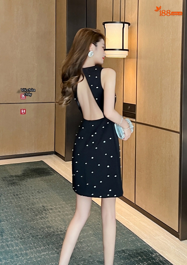 Váy Tiểu Thư Nữ Hở Lưng Đính Đá Phong Cách Pháp Dự Tiệc Màu Đen chi tiết 13