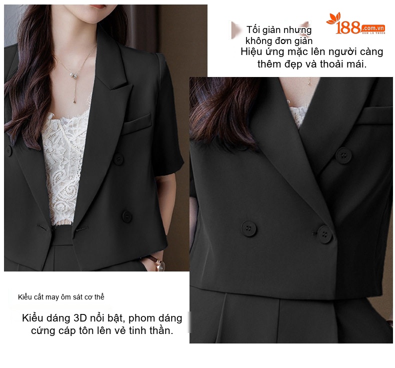 Set Bộ Vest Nữ Quần Ống Rộng Tay Ngắn Phong Cách Công Sở Thanh Lịch Màu Be, Xanh, Đen chi tiết 6