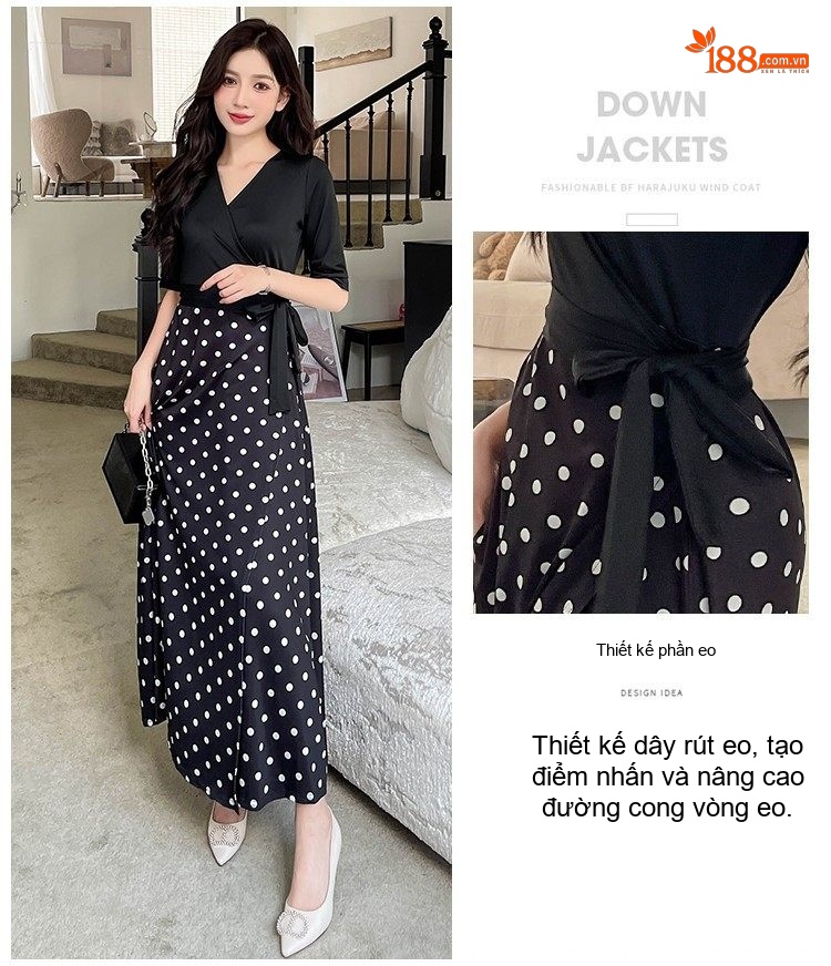 Váy Đầm Nữ Dáng Dài Họa Tiết Chấm Bi Eo Thun Xẻ Tà Phong Cách Pháp Màu Đen chi tiết 4