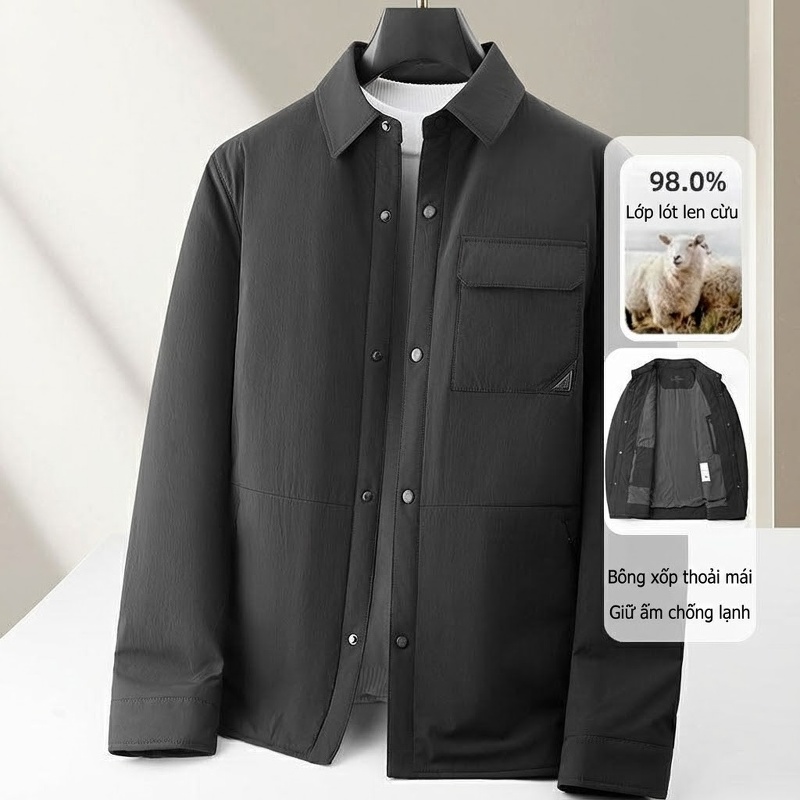 Áo Khoác Nam Cotton Lông Cừu Non Cổ Bẻ Dáng Sơ Mi Giữ Ấm Màu Đen, Xám