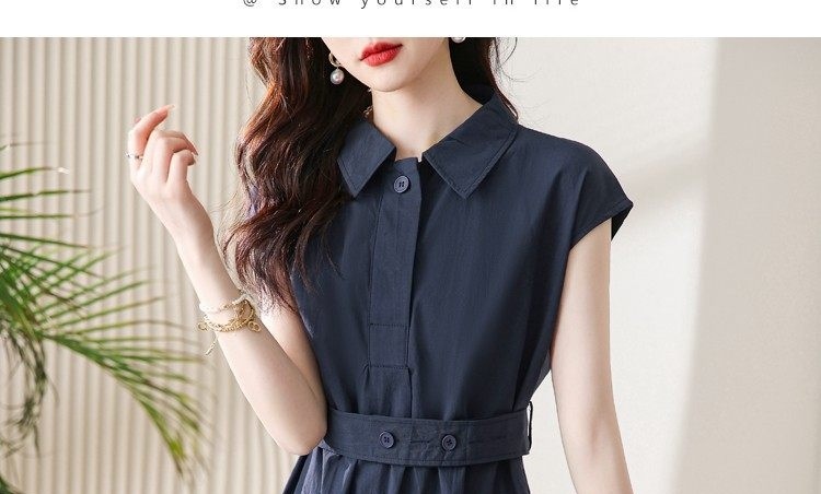 Váy Sơ Mi Polo Tay Ngắn dáng chữ A Nữ Tính Thắt Eo Màu Hồng, Xanh Navy, Vàng Be, Xanh Dương chi tiết 15