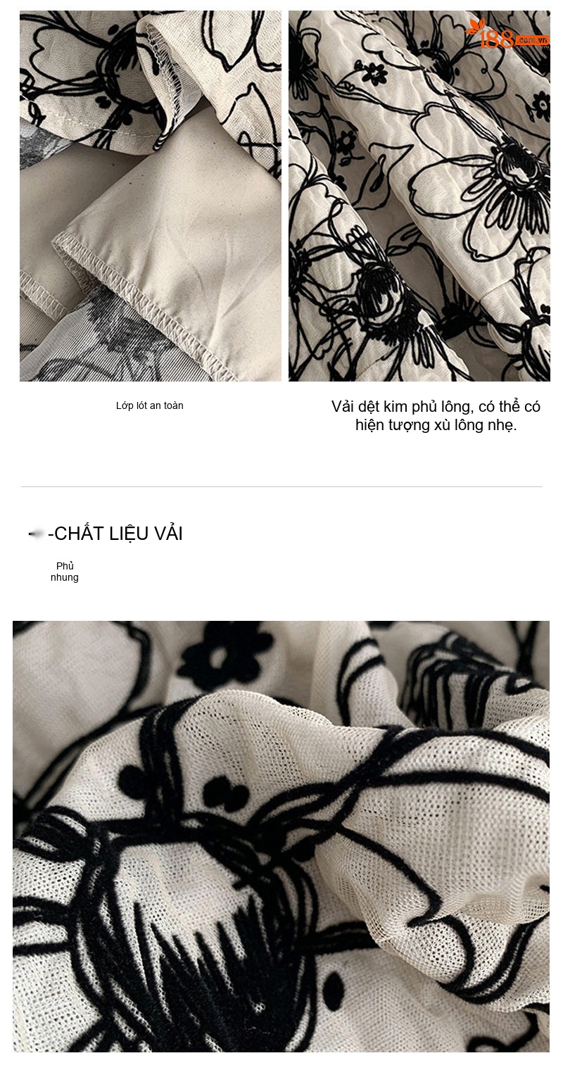 Chân Váy Nữ A-Line Lửng Vải Nhung Thêu Hoa Cúc Eo Cao Phong Cách Pháp Cổ Điển Màu Kem, Đen chi tiết 5