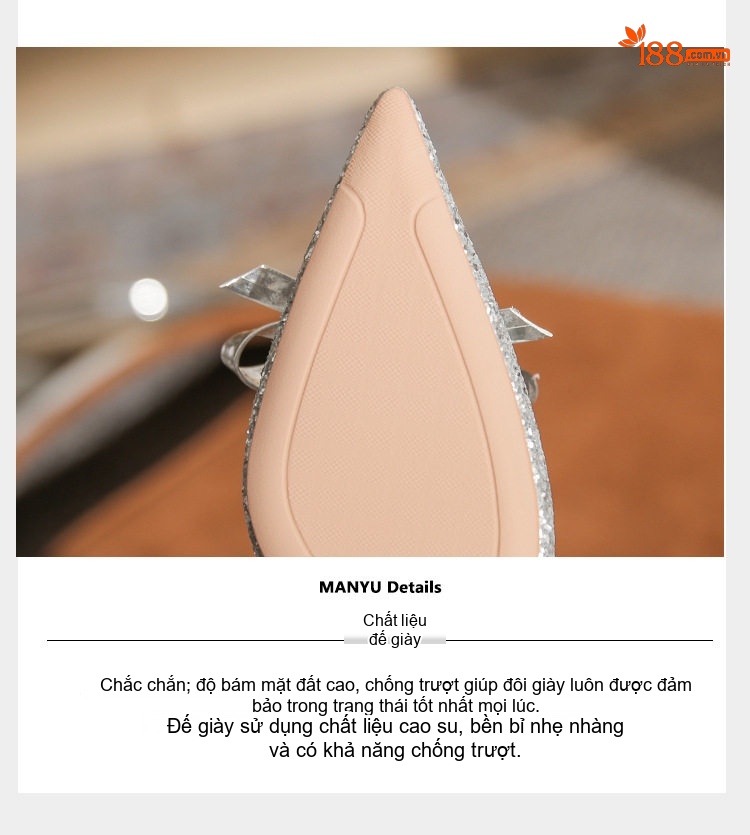 Giày Cao Gót Nữ Gót Nhọn Chiều Cao Đế 8cm Hở Mũi Đính Kim Tuyến Nơ Bướm Màu Bạc chi tiết 8