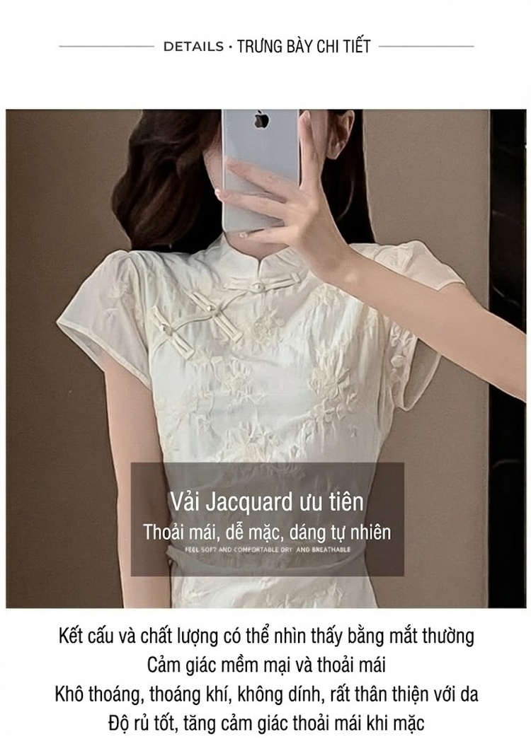 Váy Suông Quốc Phong Thêu Họa Tiết Cổ Tàu Cách Tân Xẻ Tà Màu Kem chi tiết 4