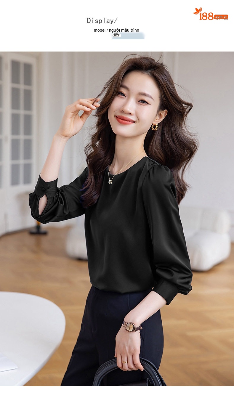 Áo Sơ Mi Tay Dài Nữ Cổ Tròn Phong Cách Thanh Lịch Màu Trắng, Đen, Xanh Navy chi tiết 10