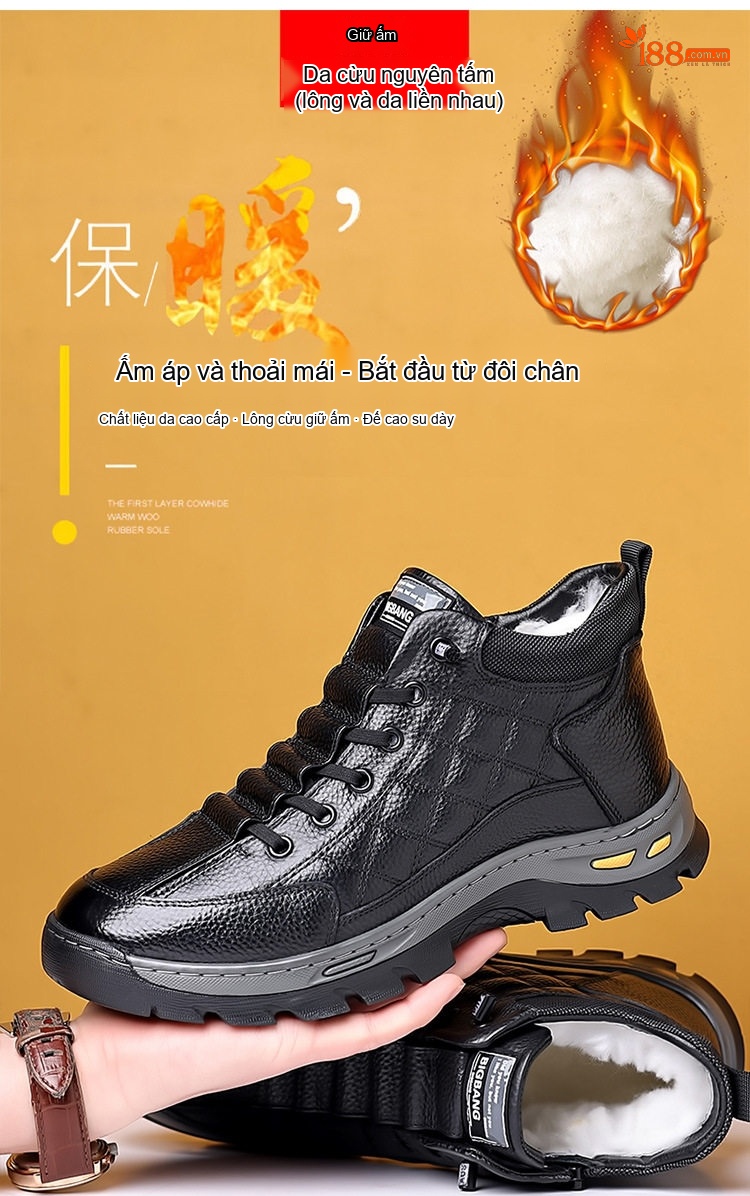 Giày Boot Nam Da Bóng Cao Cổ Lót Lông Chiều Cao Đế Khoảng 4cm Màu Đen chi tiết 2