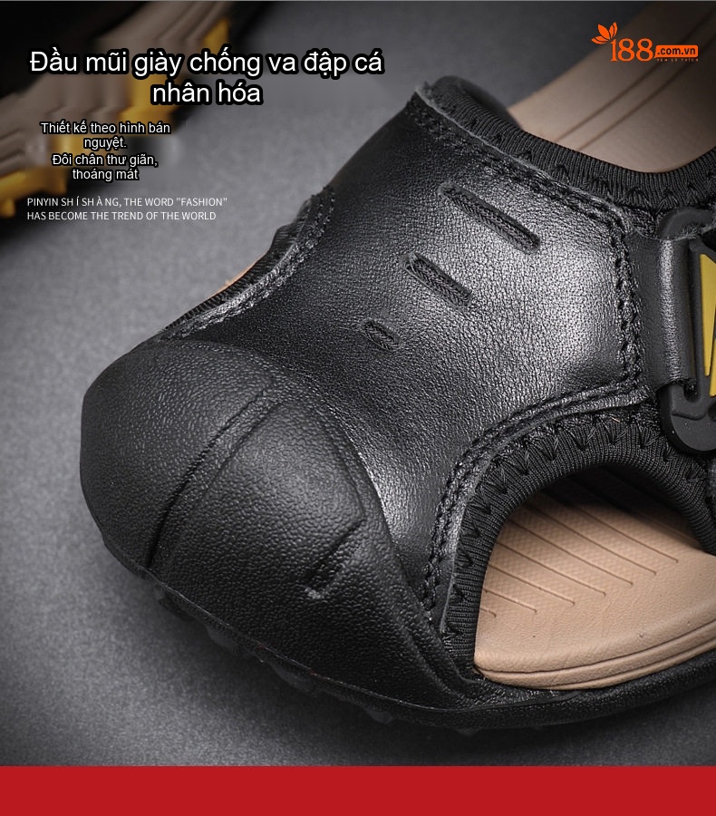 Dép Sandal Nam Da Thật Quai Dán Đế Cao Su Chống Trượt Bít Mũi Đi Biển, Đi Phượt (đế cao 3 cm) chi tiết 15