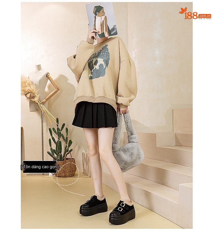 Giày Búp Bê Nữ Da Mờ Quai Dán Chiều Cao Đế 8cm Lót Lông Màu Đen, Nâu chi tiết 7