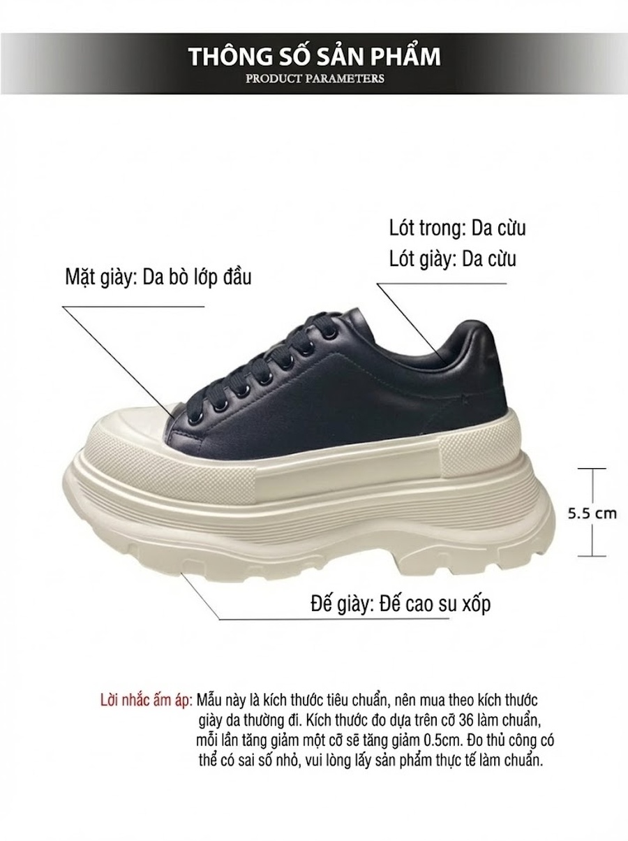 Giày Sneaker Nữ Da Bò Đế Bánh Mì Chiều Cao Đế 5.5cm Màu Đen, Trắng