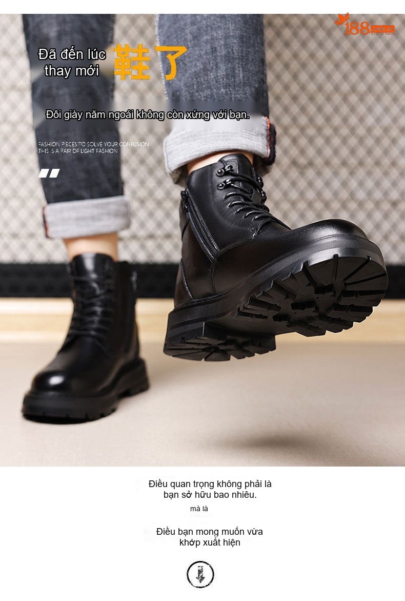 Boot Martin Nam Da Bò Lót Lông Cừu Chiều Cao Đế Khoảng 4cm Màu Đen chi tiết 8