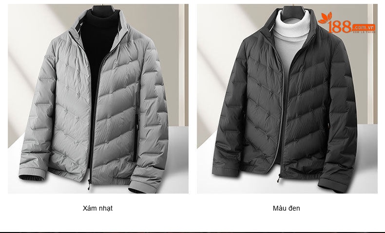 Áo Khoác Phao Nam 90% Lông Vịt Dáng Ôm Khóa Kéo Cổ Đứng Giữ Ấm Màu Xám, Xanh Đen, Xanh Rêu chi tiết 5