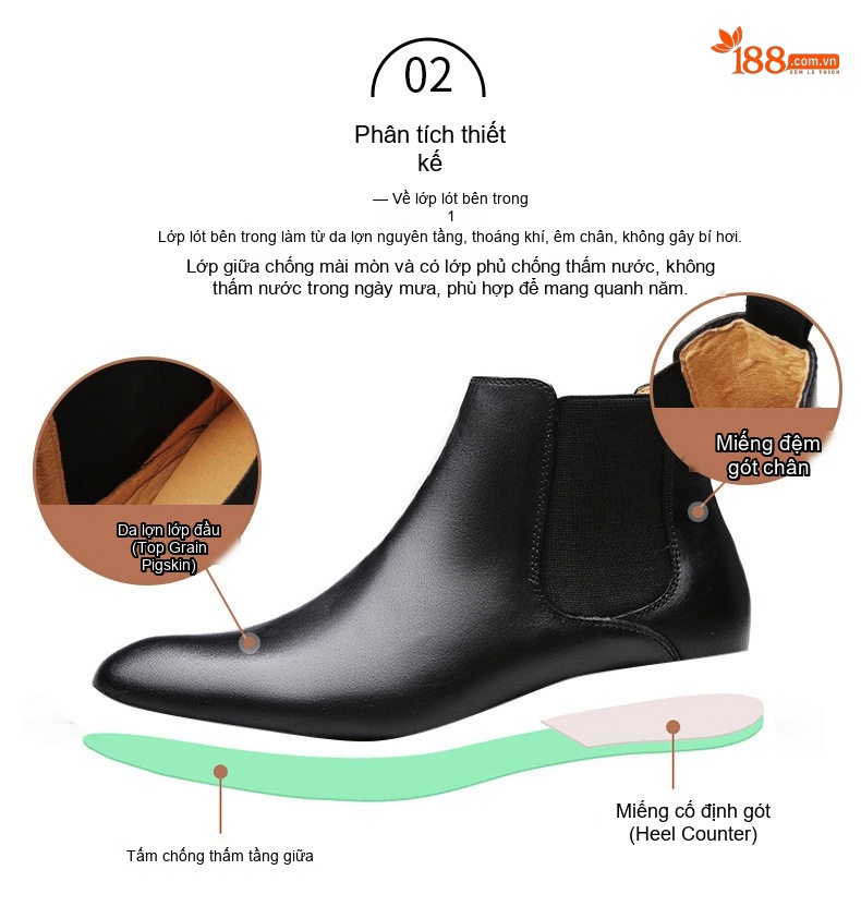 Giày Chelsea Boot Nam Da Bò Chiều Cao Đế Khoảng 3cm Màu Đen, Nâu chi tiết 2