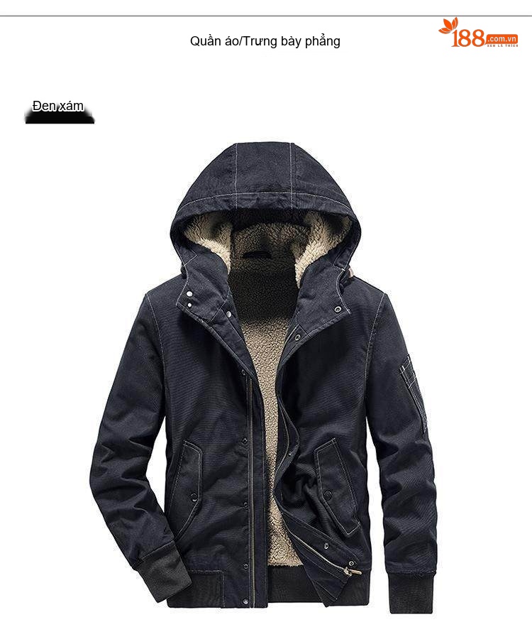 Áo Khoác Cotton Nam Lót Lông Có Mũ Trùm Đầu Dáng Rộng Màu Xanh Rêu, Xanh Navy chi tiết 9