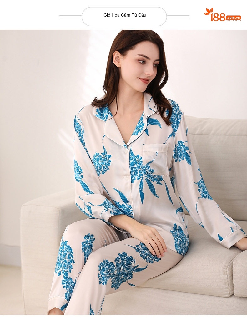 Bộ Đồ Ngủ Nữ Lụa Tơ Tằm 100% Dài Tay In Hoa Mùa Xuân Thu chi tiết 9