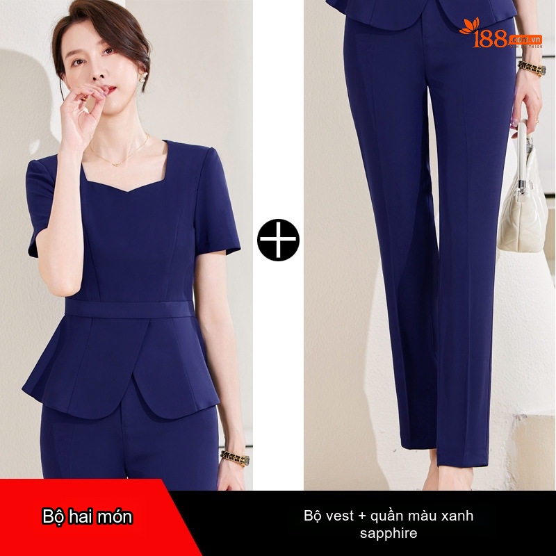 Bộ Vest Công Sở Nữ Tay Ngắn Quần/Chân Váy Áo Peplum Màu Đen, Xanh Navy
