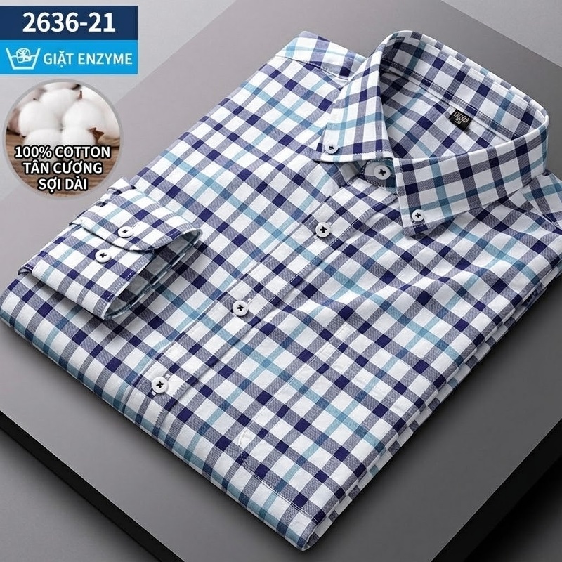 Áo Sơ Mi Nam Tay Dài Cotton Oxford Giặt Nước Kẻ Caro Mặc Đơn Giản Lót Trong Công Sở Màu Trắng, Xanh Dương, Xám, Hồng...