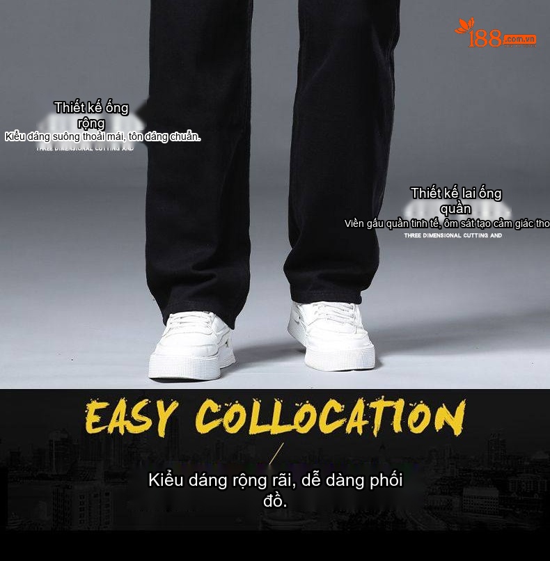 Quần Jean Dài Nam Ống Rộng Cotton Dáng Thường Màu Trắng, Đen chi tiết 5