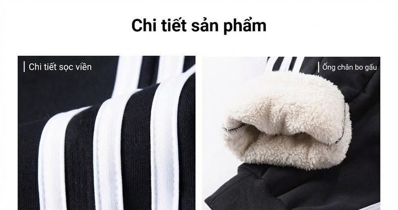 Quần Nỉ Nam Cotton Lông Cừu Non Dày Dặn Lót Lông Giữ Nhiệt Ống Bo Màu Đen, Xám, Be chi tiết 4