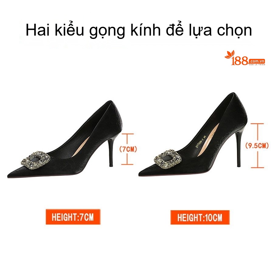 Giày Cao Gót Nữ Mũi Nhọn Nỉ Gót Nhọn Khóa Đá Chiều Cao Đế 7cm Màu Đen