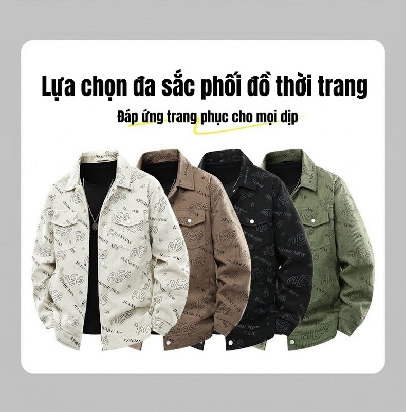 Áo Khoác Nam In Chữ Tay Dài Phong Cách Hàn Quốc Trẻ Trung Màu Đen, Trắng Kem, Xanh Rêu, Nâu chi tiết 2