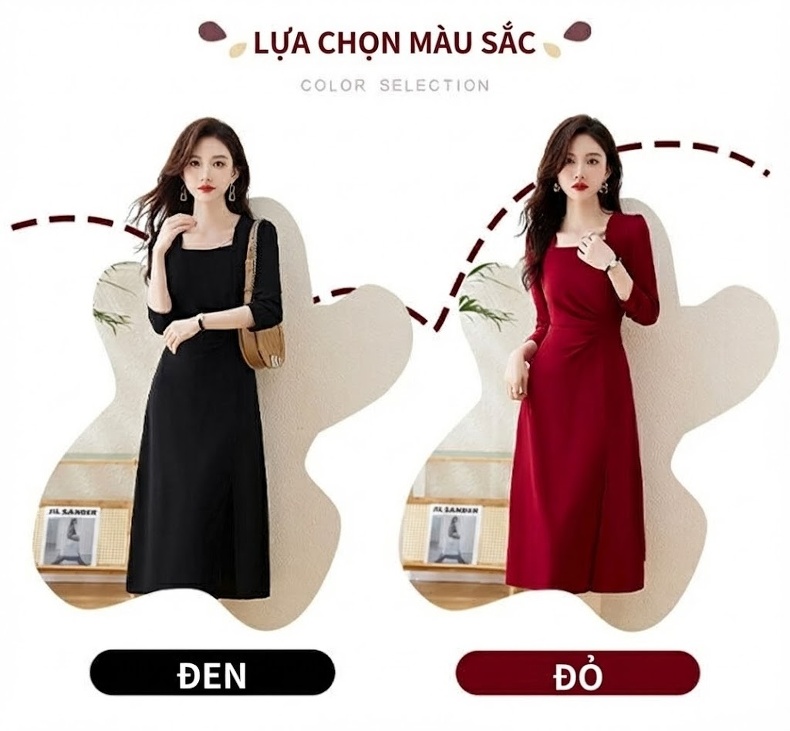 Váy Dài Tay Dáng Ôm Dự Tiệc Cưới Màu Đỏ, Đen chi tiết 5