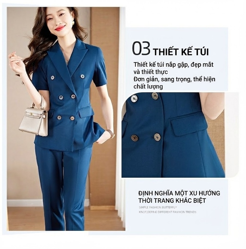 Bộ Vest Công Sở Nữ Tay Ngắn Mỏng Nhẹ Màu Xám, Xanh Than chi tiết 8