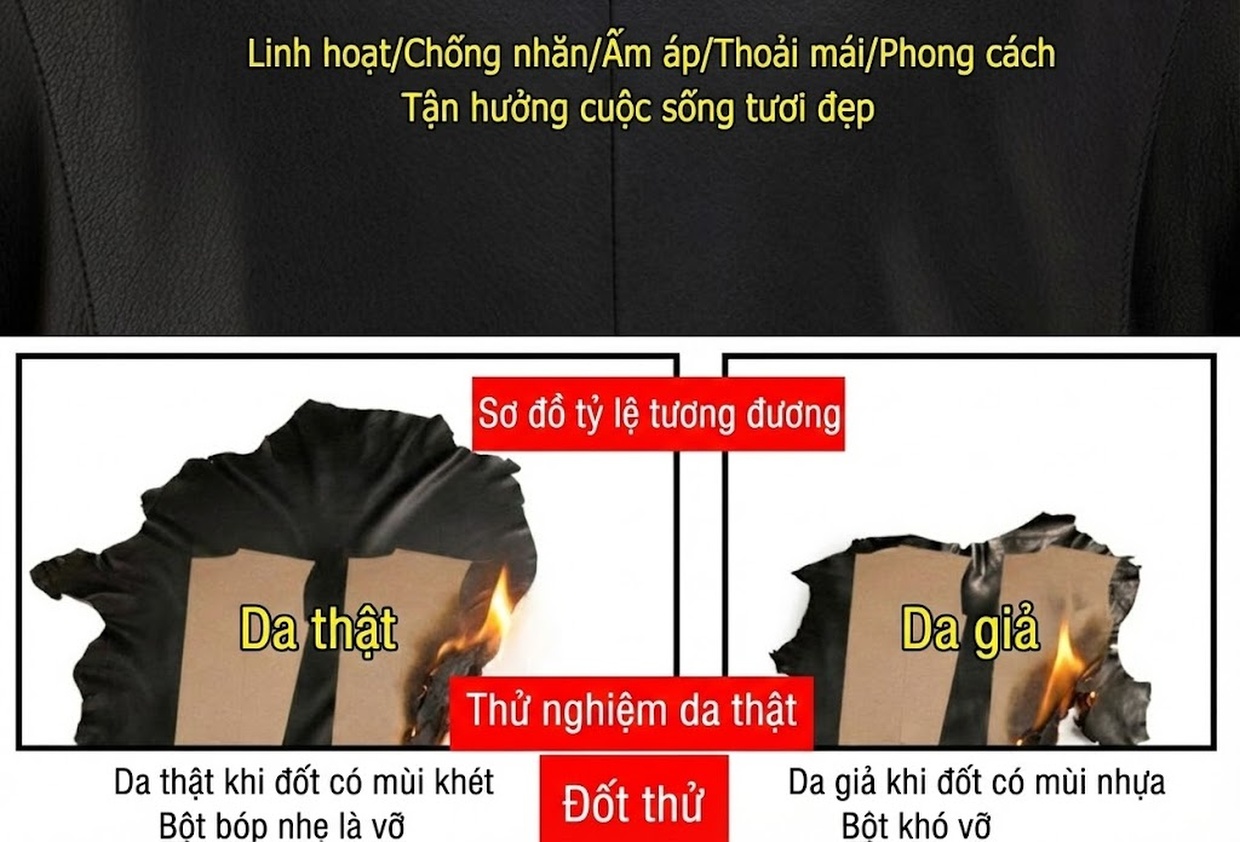 Áo Khoác Da Thật Nam Lót Lông Chồn Cổ Bẻ Da Dê Ngắn Màu Đen chi tiết 9