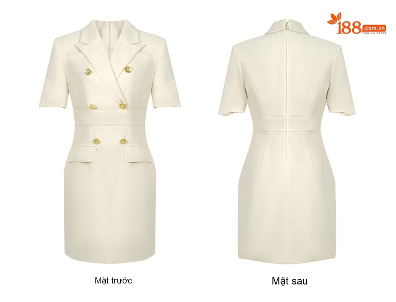 Váy Đầm Công Sở Nữ Tay Ngắn Cổ chữ Vest Hai Hàng Khuy Ôm Dáng Màu Đen, Nâu, Kem chi tiết 9