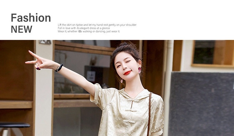 Bộ Quần Áo Nữ Họa Tiết Thêu, Cổ Tàu, Tay Ngắn Phong Cách Retro Màu Vàng, Hồng chi tiết 6