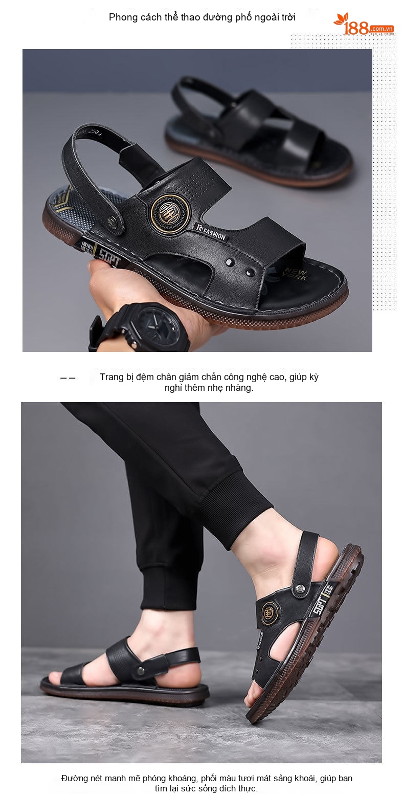 Dép Sandal Nam Da Thật Chống Trượt Thoáng Khí Chiều Cao Đế Khoảng 2cm Màu Nâu, Đen chi tiết 12