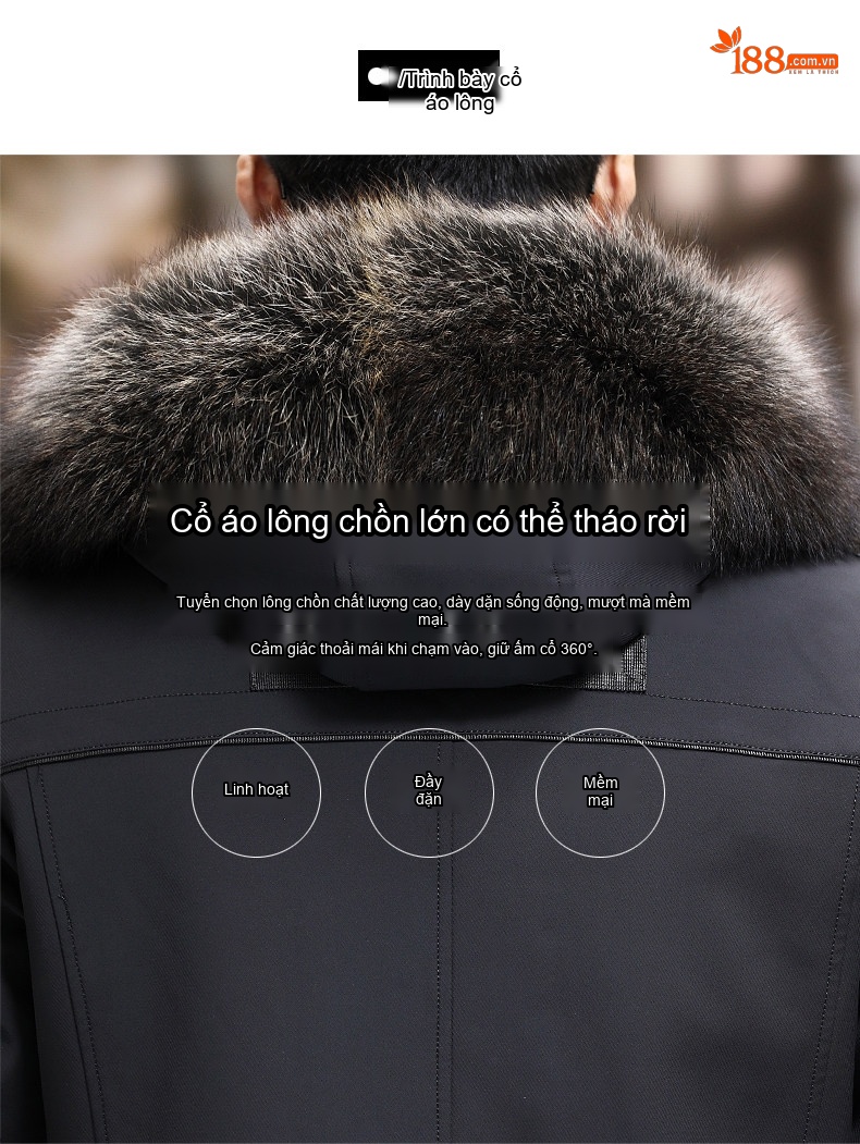 Áo Parka Nam Dáng Dài Lót Lông Thỏ Cổ Lông Lớn Màu Đen chi tiết 5